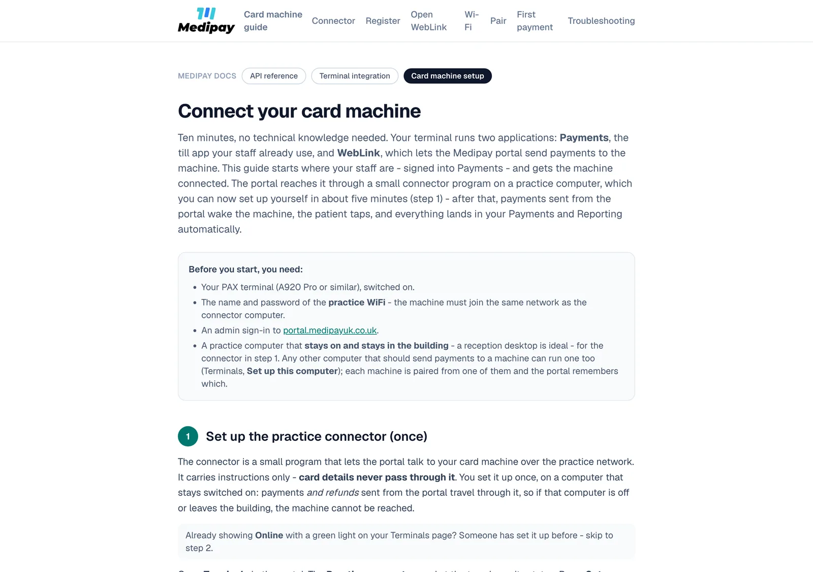 The public card machine setup guide on the Medipay portal: connecting a machine, pairing it and taking the first payment.