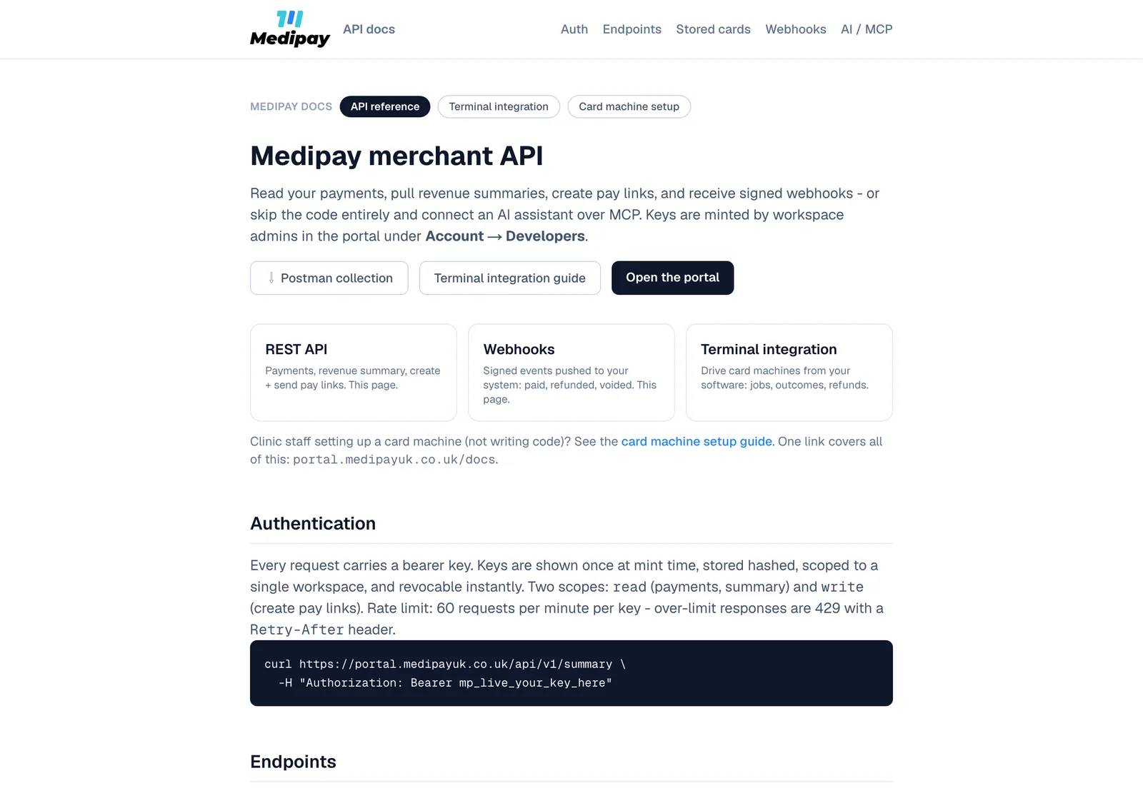 The public Medipay API documentation: authentication, endpoints, stored cards, webhooks and MCP, with a curl example.