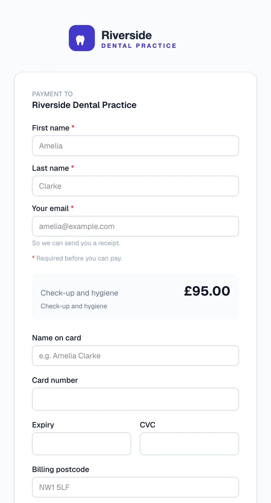 A Medipay payment page on a phone: the practice's own logo, the patient's name and email, the amount, then the card fields.