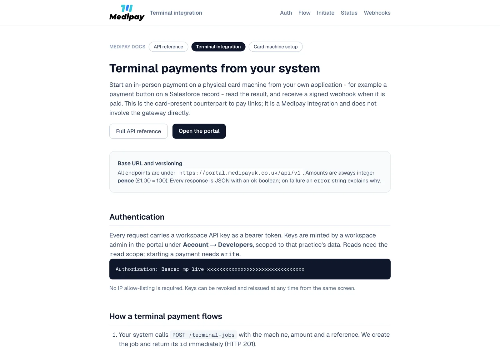 The Medipay terminal integration guide: creating a terminal job from your software, the machine taking the card, polling the outcome.